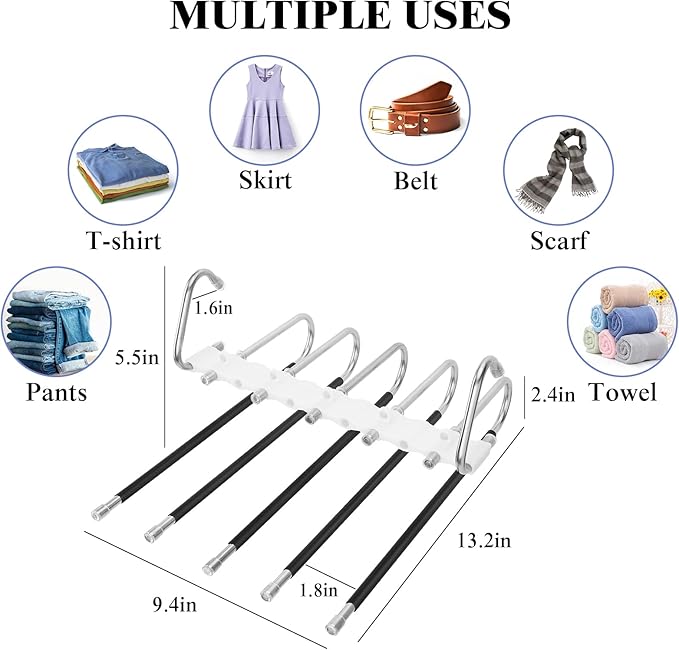 SAN LIKE 2 Pack 5 Layers Pants Hangers Space-Saving Stainless Steel Closet Hangers 20pcs Fixed Clips Non-Slip Multi-Functional Pants Rack Two Hanging Modes for Trousers Jeans Leggings Scarf Skirts