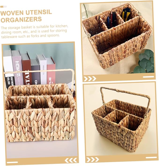 Divided Cutlery Holder Utensil Organizer Basket for Kitchen and Bathroom Storage with Handle for Spoons and Forks Practical Woven Design