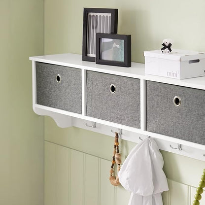 SoBuy Wall Shelf with Hooks, Coat Rack Wall Mounted with Shelf, Entryway Wall Cubby Storage Cabinet Unit with 3 Baskets 5 Hooks, Wihte, FRG282-W