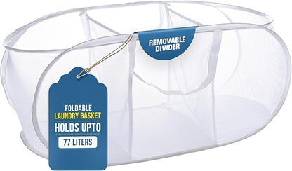 Foldable Laundry Basket - Popup and Collapsible, Durable Mesh Material, Folds for Storage, Easy Carry Handles - Great Hamper for College Dorm, Laundry Room or Travel (White, 3-Compartments)