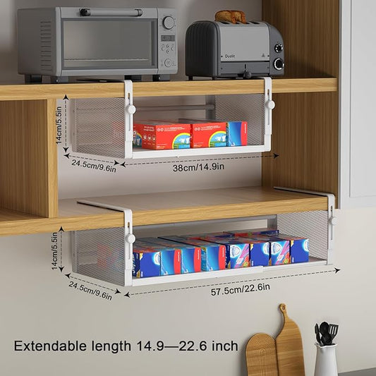 2Pack Under Shelf Basket, Adjustable Hanging Under Cabinet Shelf Storage, Hanging Holder Length Stretchable 14.9-22.6Inch for Kitchen Pantry Desk Counter Bookshelf Cupboard (White)
