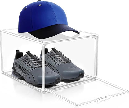 EZJOB 1 Pack Drop Front Shoe Boxes Acrylic Box Sneaker Case Size 12, Transparent Display Cases for Sneaker Collections, Baseball Caps, Hat Organizer Dust-free Shoe Cubbies Stackable Sneaker Boxes