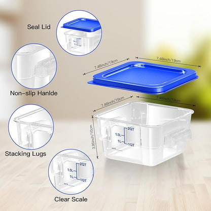 FeyBuosk 6 pcs 2qt Food Storage Containers with Lid, Square Clear Commercial Food Storage Containers with Handle and Scale for Food Storage in Home Kitchen & Dining (Blue)