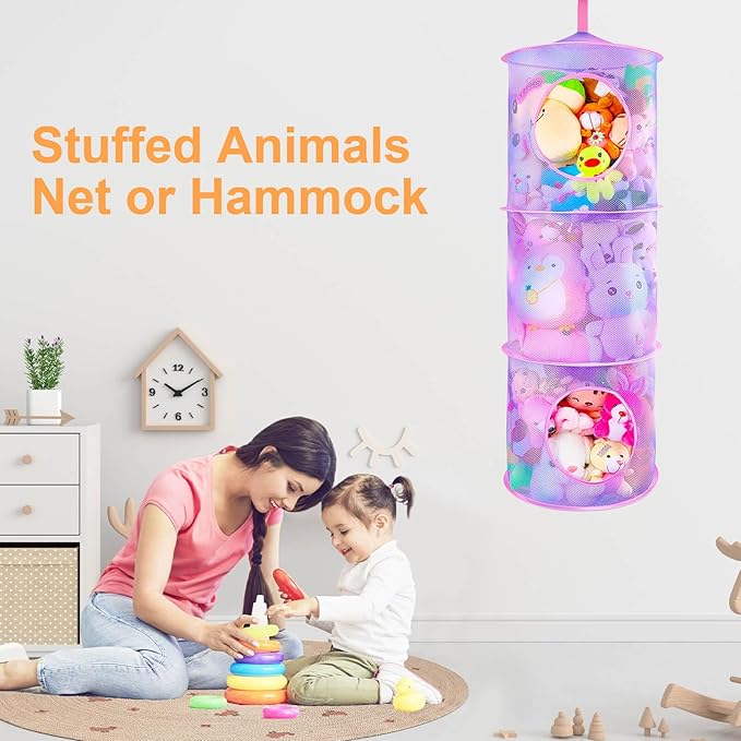 Basumee Stuffed Animals Net or Hammock 2 Pcs Stuffed Animals Storage Toy Net Hammock for Plushies Storage Organizer Mesh Kids Girls Room Decor, Purple, 3 Tiers