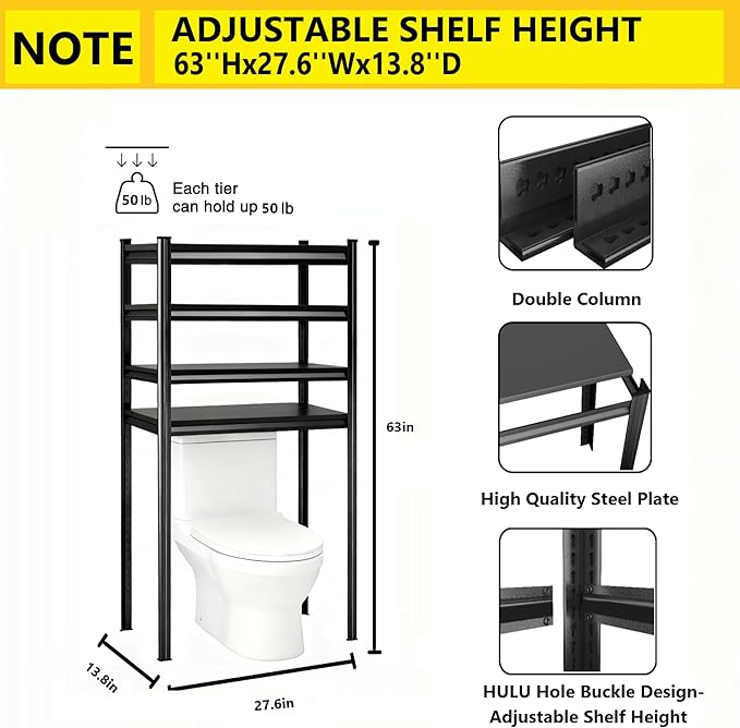 Over The Toilet Storage Shelf, Freestanding Metal Bathroom Shelf Organizer, Waterproof Rustproof Space Saver, Black，63''H×27.6''W×13.8''D