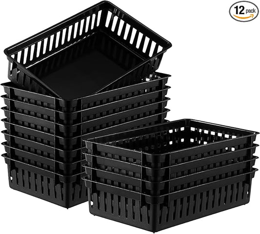 Wenqik Set of 12 Plastic Baskets for Organizing 10.24 x 6.5 x 2.36 Inch Rectangular Trays Plastic Organizer Bins Rectangle for Desk Organization(Black)