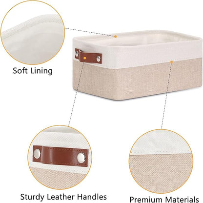 DULLEMELO Small Storage Bins, Storage Baskets for Organizing, Collapsible Rectangular Fabric Baskets for Shelves, Closets, Nursery, Home, Office, Empty Gift Baskets (6-Pack, White&Khaki)