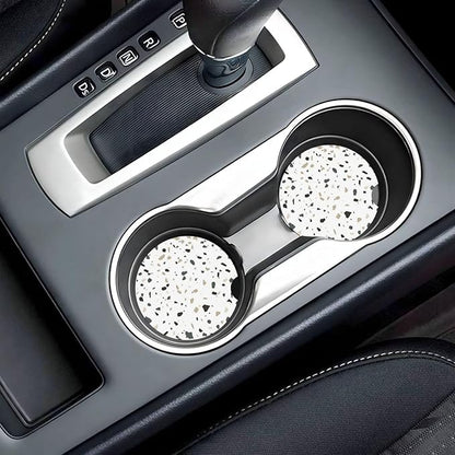 Terrazzo Marble Car Cup Holder Coaster 2 Pack Absorbent Ceramic Car Coasters for Cup Holders Car Accessories Interior for Women Men Universal Anti Slip Cork Base Cup Coasters with Finger Notch