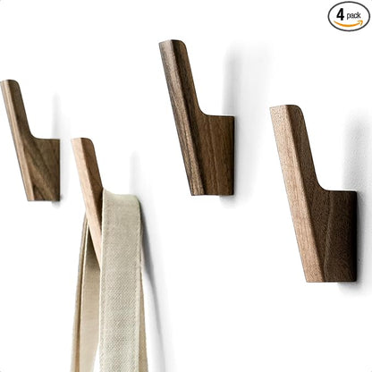 Wall Hooks - Set of 4 - Dark Walnut or Light Ash Wood Coat Hooks for Hanging Hat, Purse, Backpack, Bag, Jacket. Modern Farmhouse Decor for Wall and Practical Entryway Hooks (Walnut Wood)