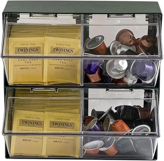 Large Green Coffee Pod Holder with Lid, Plastic Coffee Bar Accessories Storage Organizer for Creamer, K Cups, Tea Bags, Sugar Bag, Drinking Straw, Home Kitchen Supplies(Green)