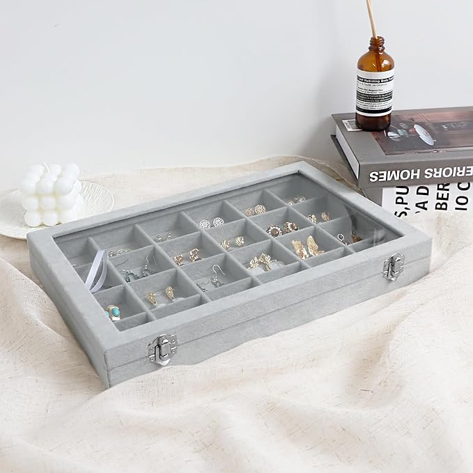 Wudygirl Jewelry Organizer Velvet Jewelry Tray 24 Grid Jewelry Box Earring Holder Organizer Removable Display Case Organizer Glass Top Lid & Lock (24 Grid)