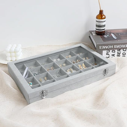 Wudygirl Jewelry Organizer Velvet Jewelry Tray 24 Grid Jewelry Box Earring Holder Organizer Removable Display Case Organizer Glass Top Lid & Lock (24 Grid)