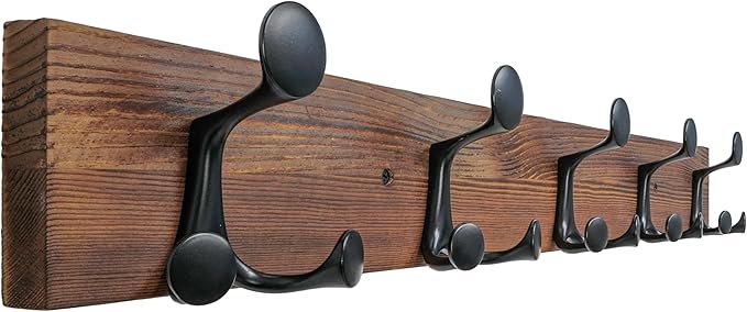 SKOLOO 24-Inch Wood Coat Rack Wall Mount with 5 Triple Hooks - Ideal for Family Entrances, Classrooms, and Pet Supplies Storage - Perfect Coat Hooks for Wall,Charred Golden Brown