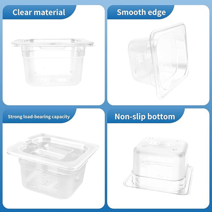 KEJJNYER 6 Pcs 4 inch Deep Plastic Food Pan with Lid 1/6 Size, Clear Food Storage Containers with lids, Restaurant Salad Bar Containers for Fruits Vegetables Beans Corns