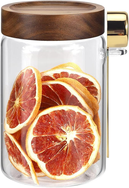 Glass Jars with Airtight Lid Scoop30oz, Glass Coffee Ground Jar Container Round Clear Glass Storage Canister for Bean Spice Pantry Sugar Tea Seasoning Cookies Candy Chocolate (900ml(30oz)-1 Pack-B)
