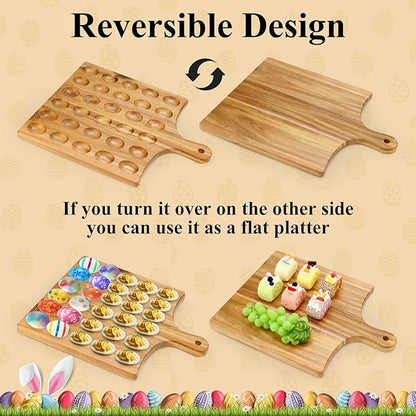 Acacia Wood Deviled Egg Platter Large 30 Holes Egg Holder for Kitchen Counter Wooden Serving Tray Easter Gift Hosting Devilled Eggs Container Charcuterie Board Carrier Cheese Plate Devil Egg Dish