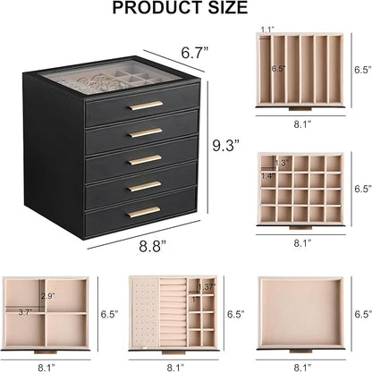 Frebeauty Clear Lid Jewelry Box,5-Layer Jewelry Organizer with Drawer,PU Leather Jewelry Organizers and Storage,Jewelry Boxes for Women,Jewelry Storage for Rings Earring Stud,Gift for Women(Black)