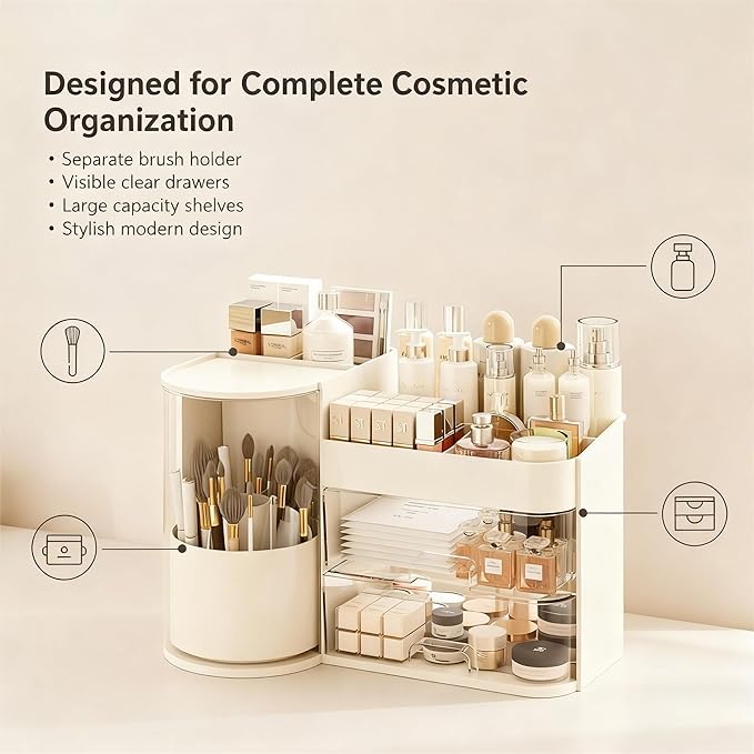 Cozinessy Makeup Organizer with Drawers,Make up Organizer for Vanity，Large Bathroom Countertop Cosmetic Organizer with Brushes Holder,Ideal makeup holder for Skincare,Lipstick and other items