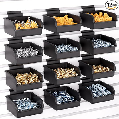 INCLY 12 Pack Slatwall Bins with Hooks, Plastic Slatwall Accessories Containers Bins for Slat Wall Panels Organizing Hardware, Garage, Craft Room, Kitchen, Tool Shed, Workbench