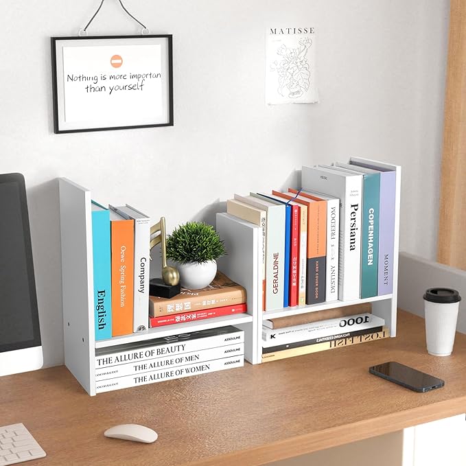 Desktop Shelf Organizer - Adjustable Wood Desktop Bookshelf, Table Top Shelves, Desk Book Organizer for Office Supplies and Home Décor (White)