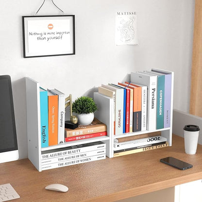 Desktop Shelf Organizer - Adjustable Wood Desktop Bookshelf, Table Top Shelves, Desk Book Organizer for Office Supplies and Home Décor (White)