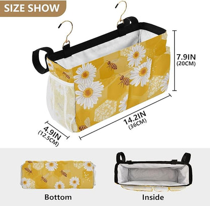 CuwrYet Bedside Caddy Hanging Bunk Bed Caddy Bed Organizer Hanging Pocket with 2 Hooks Bedside Storage Organizer Pocket Bag Holder Yellow Honeycomb Bee Daisy