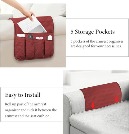 AUVCAS Sofa Armrest Organizer Non-Slip Arm Chair Bedside Caddy Storage Organizer for Recliner Couch with 5 Pockets for Cell Phone TV Remote Control Magazines (RED)