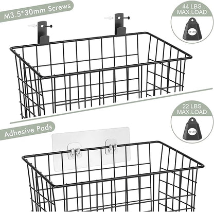 Wall Hanging Baskets 3 Pack, Diversified Wire Basket Shelves of Wooden Style, with Wall Mounted Hooks & Traceless Stickers, for Kitchen Coffee Bar Office Room Garage Storage Organization (Large)