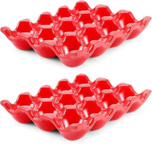 Flexzion 12 Cups Ceramic Egg Holder for Fridge - Dozen Ceramic Egg Tray Porcelain Container Storage Organizer Decorative Serving Stand Serveware for Refrigerator Countertop Display (Red, 2 Pack)