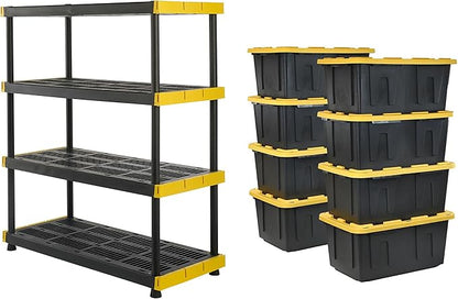 CX Black & Yellow 4-Tier Heavy Duty Storage Shelves and 8 Heavy Duty Storage Bins with Lids, 4 Shelves that Support up to 200lbs/shelf + 27 Gallon Containers (8-Pack), Organization and Storage