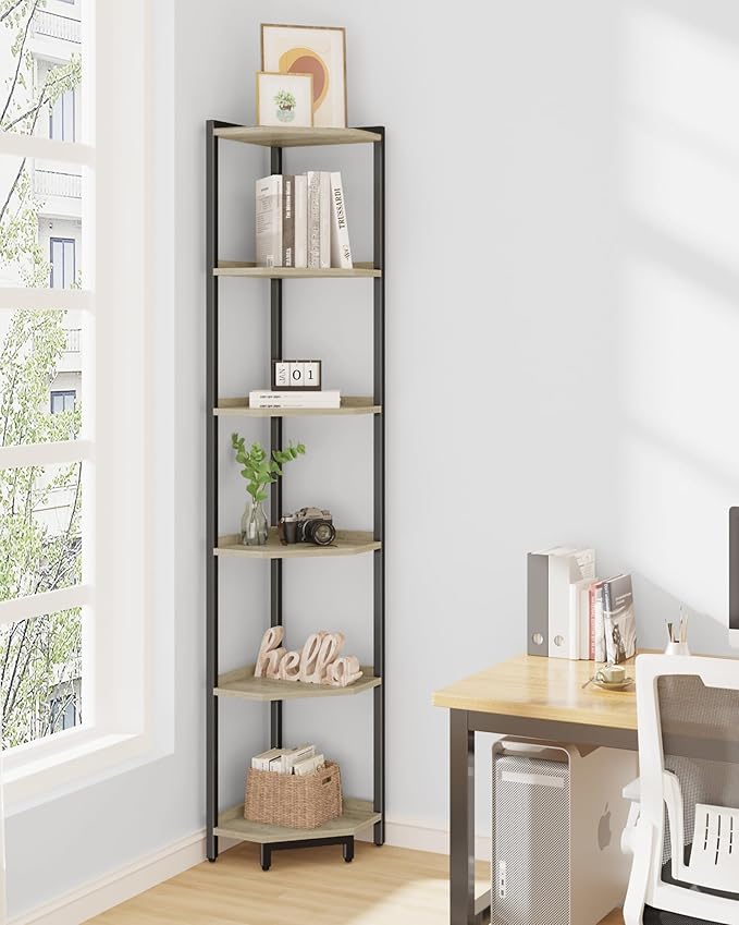 Corner Shelf Stand, Corner Bookshelf, Storage Standing Shelf Unit with Metal Frame, Plant Stand, Corner Bookcase for Living Room, Home Office, Bedroom, 6-Tier Greige CS06005B