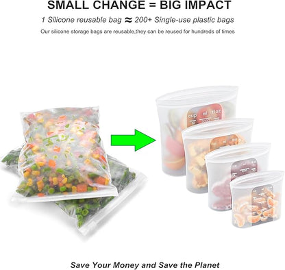 Bangp Premium Silicone Reusable Food Storage Bags,4 Pack(100oz, 50oz, 30oz,15oz),New Generation Stand Up Zip Freezer Bags,Sandwich Snack Bags,Healthy Food Storage Containers,Leak-free,Dishwasher Safe