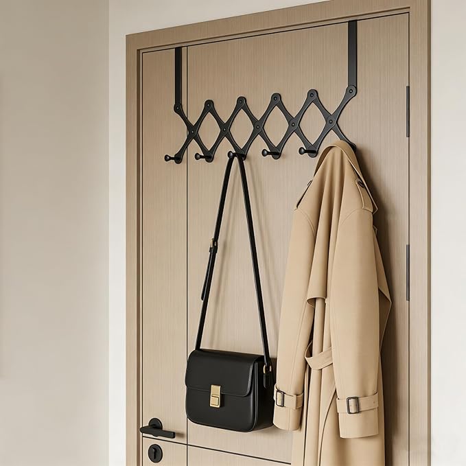 SCUNDA Expands Over The Door Hook Rack, Heavy Duty No Drill Hooks for Bathroom, Bedroom, Kitchen, Closet - Over The Door Hanger for Towels, Robes, Bags, Coats(Black)