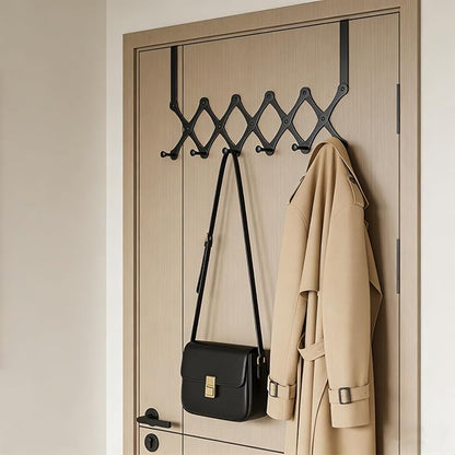 SCUNDA Expands Over The Door Hook Rack, Heavy Duty No Drill Hooks for Bathroom, Bedroom, Kitchen, Closet - Over The Door Hanger for Towels, Robes, Bags, Coats(Black)