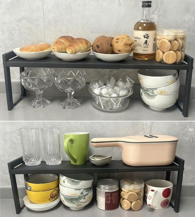 2 Pack Expandable Cabinet Shelf Organizer 16-26" L Stackable Kitchen Counter Shelves Rack Stand Sink Riser Countertop Storage Black (Narrow 5.1”D)
