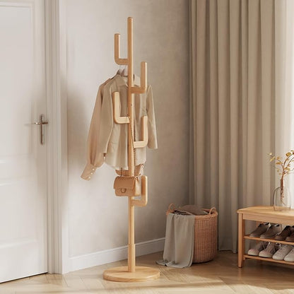 Solid Wood Cactus Coat Rack, Freestanding Coat Rack With 6 L-Shaped Hooks and 3 Adjustable Sizes, Coat Tree for Bedroom, Entryway, Livingroom, Coat Hanger Stand for Coats, Handbags (Natural)