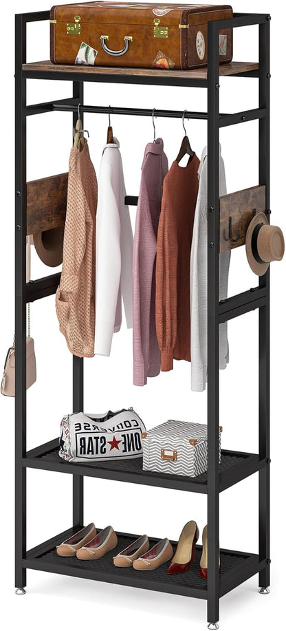 Tribesigns 69-inch Tall Clothes Garment Rack, Small Heavy Duty Clothes Hanging Rack, Freestanding Closet Organizer with Open Storage Shelves and Hooks for Bedroom, Brown & Black