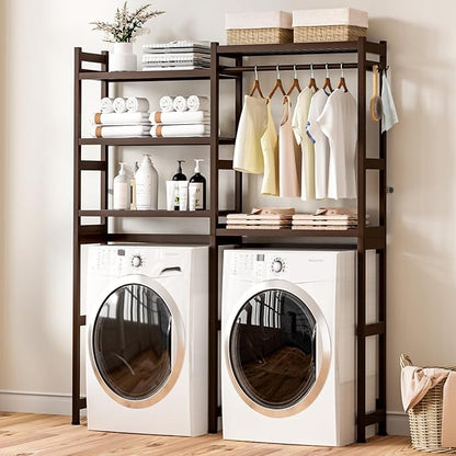 Over The Washer and Dryer Storage Shelf Bamboo,5 Tiers Laundry Room Drying Rack with Adjustable Shelves and 4 Hooks,Space Saver Organizer for Hanging Clothes and Towels (Brown)
