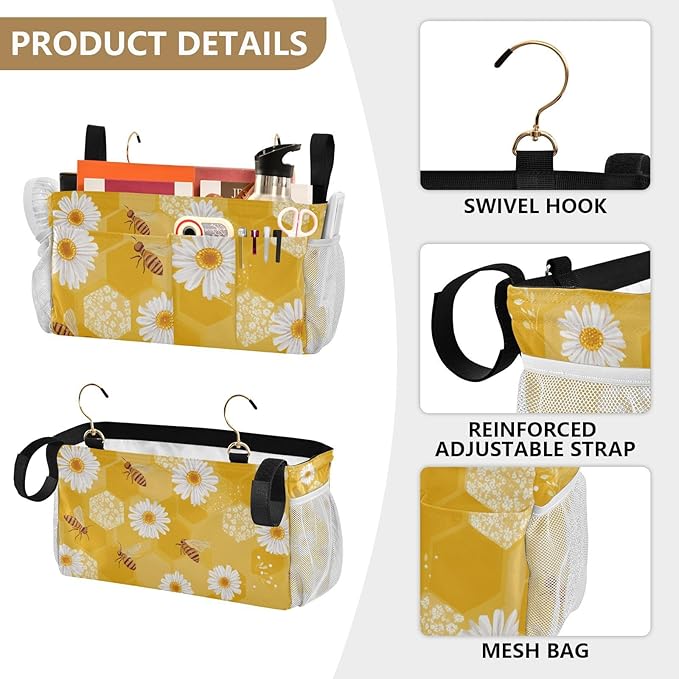 CuwrYet Bedside Caddy Hanging Bunk Bed Caddy Bed Organizer Hanging Pocket with 2 Hooks Bedside Storage Organizer Pocket Bag Holder Yellow Honeycomb Bee Daisy
