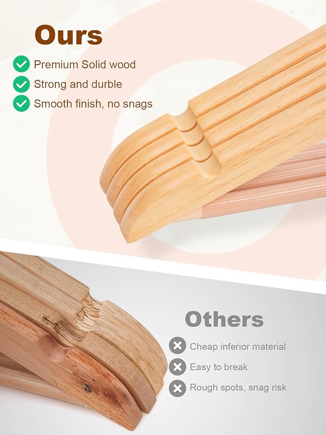 HOUSE DAY Bulk Wooden Hangers 160 Pack, Solid Wood Hanger with Non Slip Pant Bar, Heavy Duty Wooden Coat Hanger for Closet, Smooth Finish Wood Clothes Hangers for Shirts, Suits Jackets, Dress, Natural