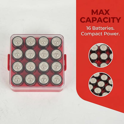 ALCYON Battery Organizer Storage Case, Battery Vault Box Container for 16pcs C Batteries, Plastic Clear Protective Battery Holder for Travelling/Home/Office (Red,Medium)
