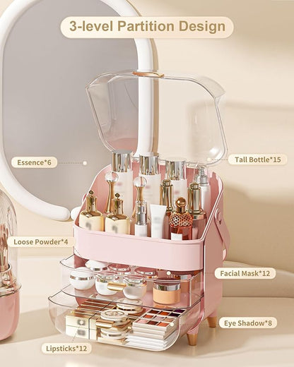Makeup Organizer Countertop, Skincare Holder Bathroom Counter Organizer, Storage Box Cosmetic Display Cases, Teen Girl Gifts Make up Organizers for Vanity, Dresser (Pink) | Skincare Holder, Teen Girl Gifts, Trendy Stuff, Make up Organizers