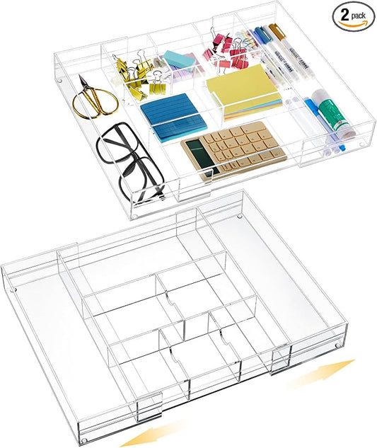 Briwooody 2 Pcs Acrylic Desk Drawer Organizer Maximum 12 x 18 x 2.1 Inch Expandable Drawer Organizer Trays with 8 Adjustable Compartments Desk Accessories for Makeup Silverware Office Bathroom