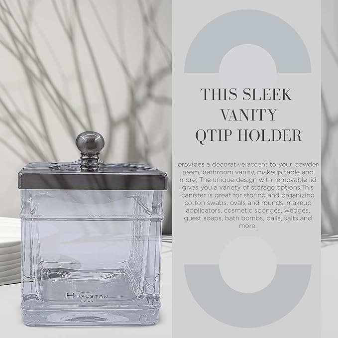 Indecor Home Apothecary Glass Cotton Jar Holder Brushed Nickel Stainless Steel Lid, Elegant Bathroom Storage Canister for Qtips, Cotton Balls, Floss, Makeup Organizer, Vanity Bathroom Organization