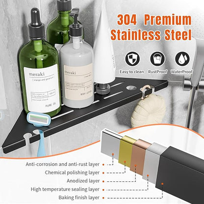 HBXS Shower Corner Shelf Organizer Rack with Hooks & Razor Hole, No Drilling Tile Shower Shelves, Rustproof Stainless Steel Bathroom Shelves Basket, Modern Corner Shelf for Bathroom, 2Pack-Black