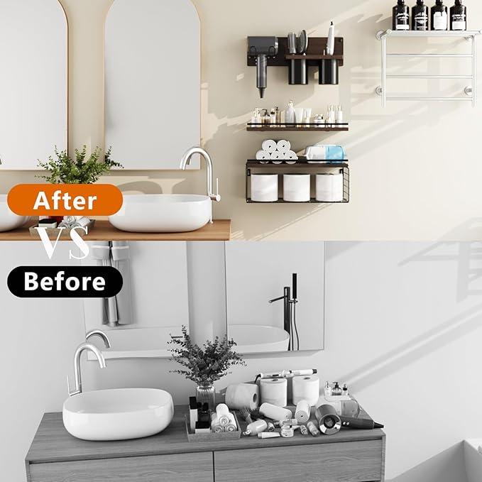 RoleDes Bathroom Floating Shelves Wall Mounted Set of 3, Bathroom Wall Shelf with Blow Dryer Holder & Hair Tool Organizer, Above Toilet Floating Shelves, Modern Farmhouse