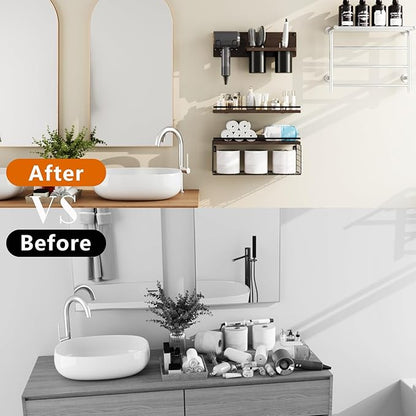 RoleDes Bathroom Floating Shelves Wall Mounted Set of 3, Bathroom Wall Shelf with Blow Dryer Holder & Hair Tool Organizer, Above Toilet Floating Shelves, Modern Farmhouse