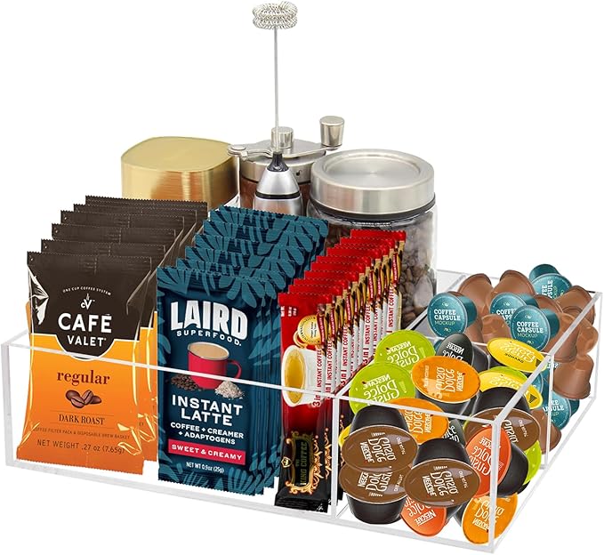 Coffee Station Organizer for Countertop, Removable Dividers Coffee Bar Accessories for Storage Sugar Packets Tea Bags, Clear