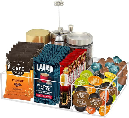 Coffee Station Organizer for Countertop, Removable Dividers Coffee Bar Accessories for Storage Sugar Packets Tea Bags, Clear