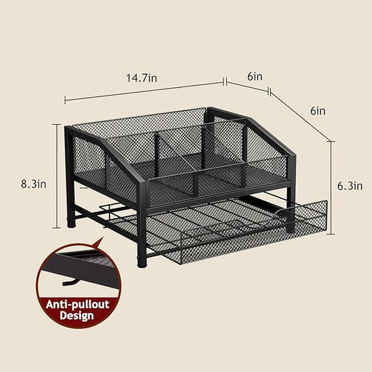 Coffee Bar Organizer - Coffee Station for Countertop, Metal and Wood K Cup holder Storage Basket with Drawer for Syrup, Cups, Stirrer, Condiment, Tea Organizer, Black